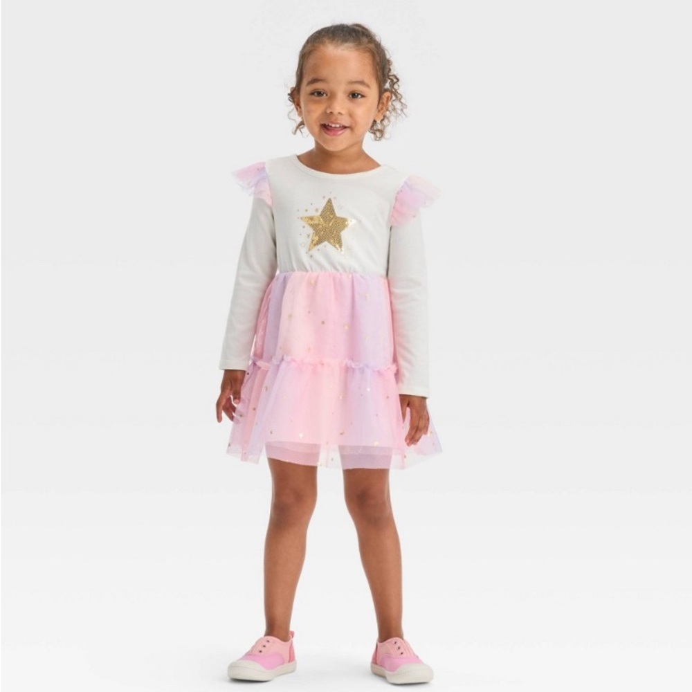 NWT Cat & Jack Toddler Girls' Star Long Sleeve Dress -Cream 18M